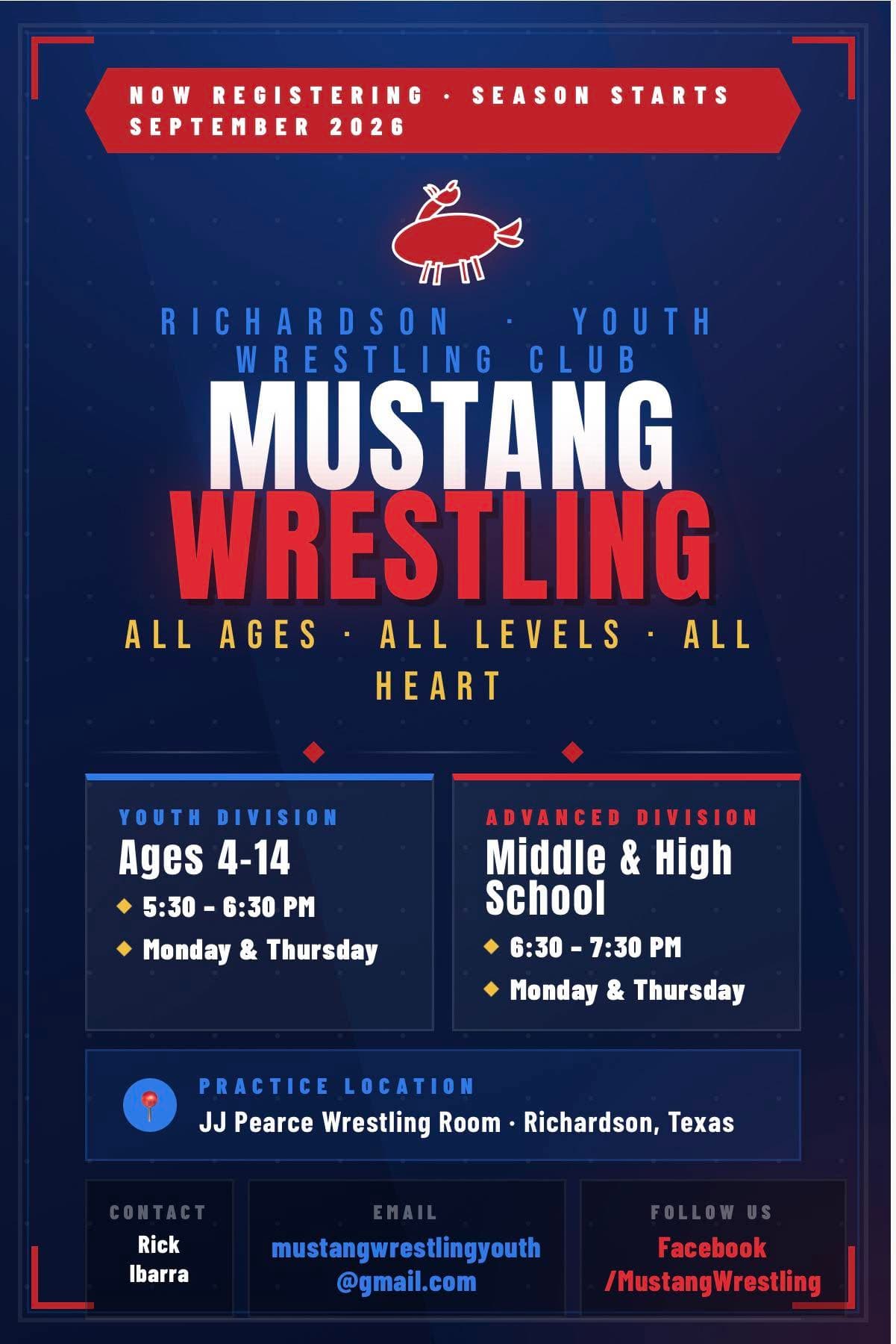 Mustang Wrestling — now registering, season starts September 2026. Youth division ages 4–14 and advanced division for middle and high school, Monday and Thursday at the J.J. Pearce wrestling room.