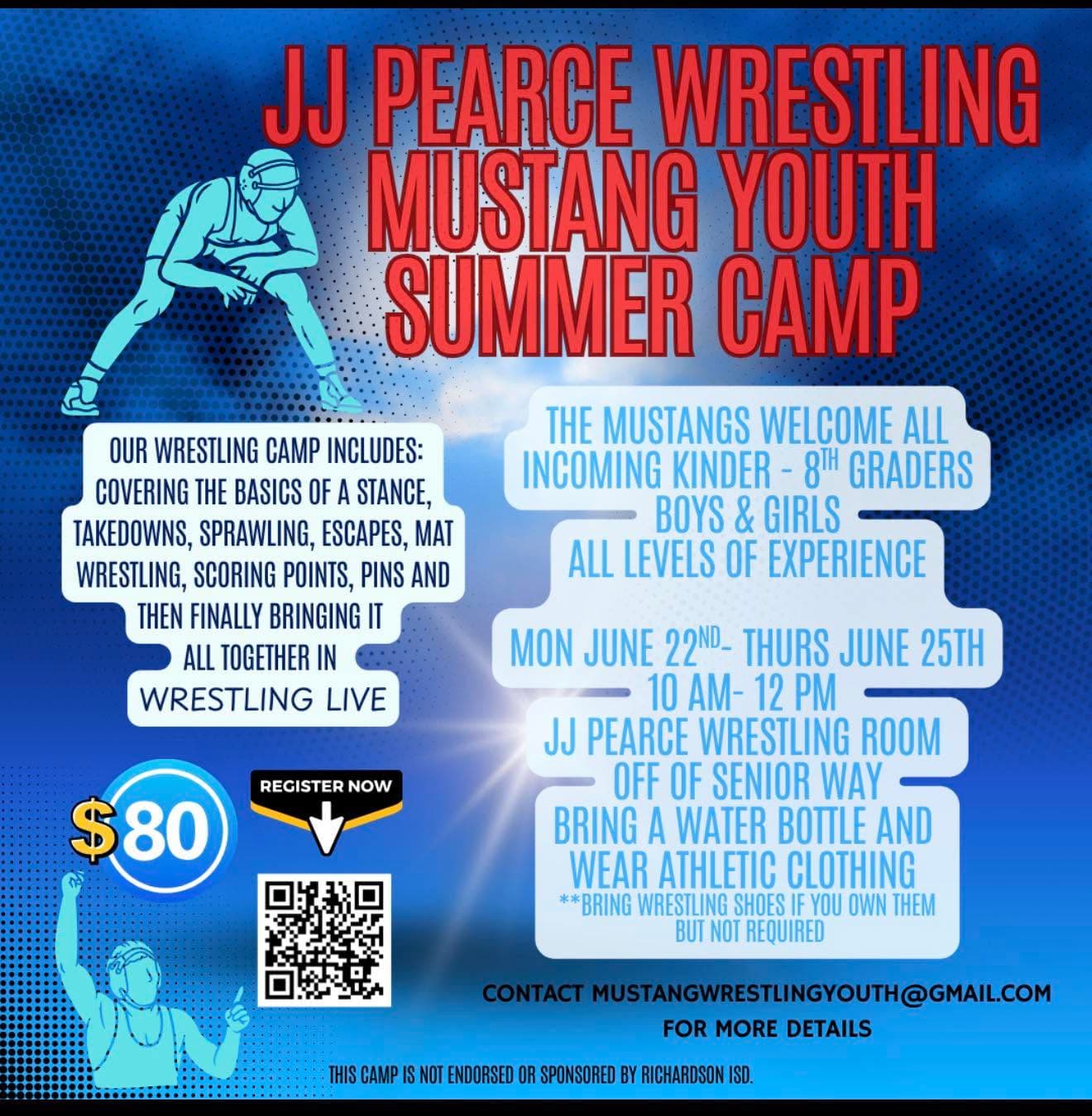 Mustang Youth Summer Camp flyer at the J.J. Pearce wrestling room — all levels and ages welcome, covering the basics of wrestling.