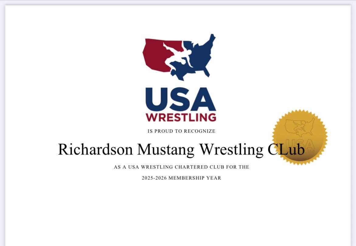 USA Wrestling certificate recognizing Richardson Mustang Wrestling Club as a chartered club for the 2025–2026 membership year.